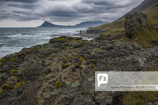 'The Atlantic Ocean hits the Strandir coastline which lies in the West Fjords in the northwest of Iceland; Iceland'