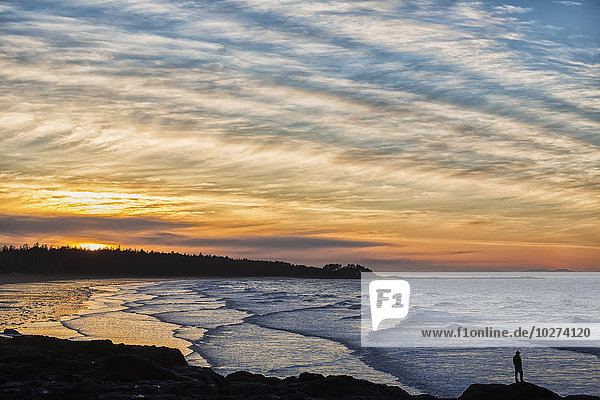 Silhouette einer Person  die bei Sonnenuntergang auf einem Felsen an der Küste steht; Masset  British Columbia  Kanada'.
