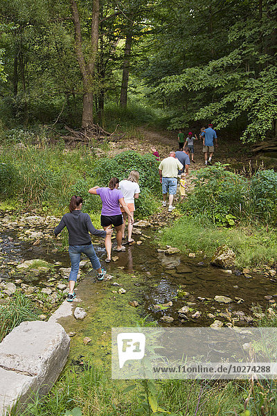 Familie beim Überqueren des Bear Creek auf dem Wanderweg zur Eishöhle im Bixby State Preserve  in der Nähe von Edgewood; Iowa  Vereinigte Staaten von Amerika'.