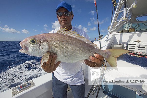 Fischer hält rosa Fisch  der beim Hochseefischen gefangen wurde; Tahiti'.