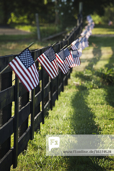 Schwarzer Holzzaun mit kleinen US-Flaggen  die an jedem Pfosten hängen; Vereinigte Staaten von Amerika'.