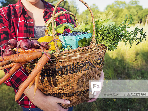 Mittelteil einer Frau  die einen Korb mit Gemüse und Obst hält