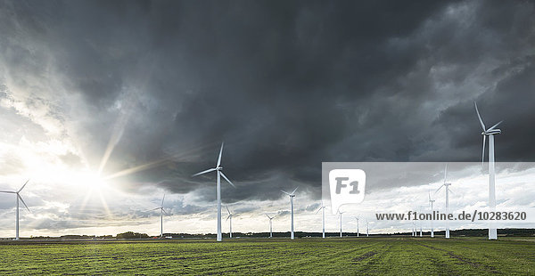 Windkraftanlagen unter stürmischem Himmel