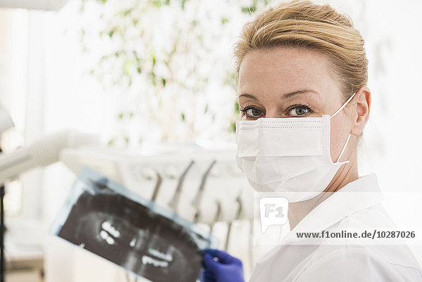 Female dentist holding an X-ray report  Munich  Bavaria  Germany