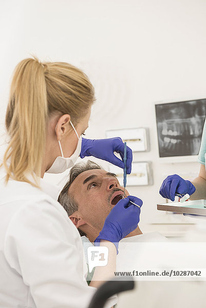 Female dentist examining patient  Munich  Bavaria  Germany