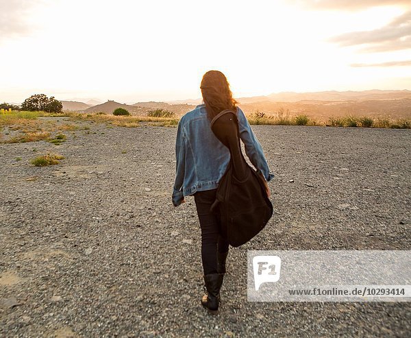 Rear view of young woman carrying guitar case at sunset