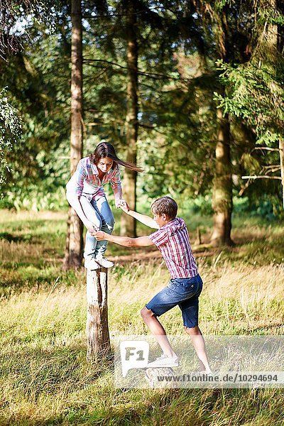 Teenager Bruder und Schwester beim Balancieren auf dem Zaunpfosten