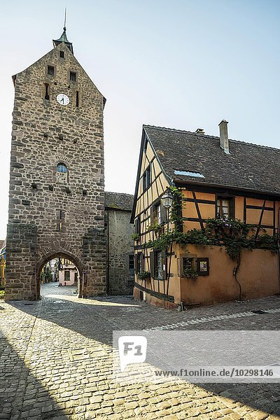 Tour de Garde de la Ville  der Dolder von 1291  Stadttor mit Fachwerkhaus  Riquewihr  Elsass  Frankreich  Europa