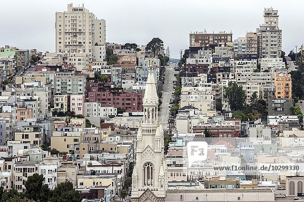 Ausblick vom Telegraph Hill auf die Filbert Street und Häuser von Russian Hill  San Francisco  vorne Peter und Paul Kirche  Kalifornien  USA  Nordamerika