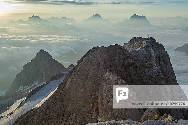 Punta Rocca with cableway station  3265 m  view from the peak Punta Penia  at sunrise  Marmolada  Dolomites  Alps  South Tyrol  Trentino-Alto Adige  Italy  Europe
