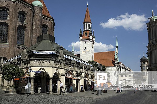 Am Viktualienmarkt  vorne ein Cafe  hinten das alte Rathaus  München  Bayern  Deutschland  Europa