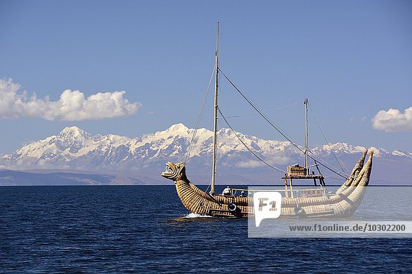 Typical reed boat on Lake Titicaca La Paz region Bolivia South America