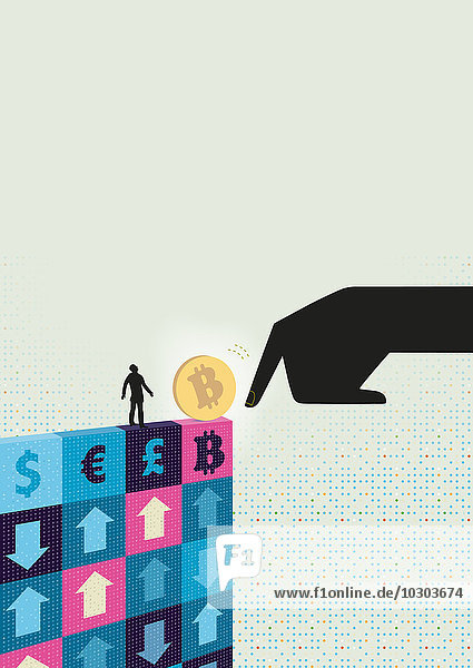 Große Hand schiebt eines Bitcoin zu kleinem Mann