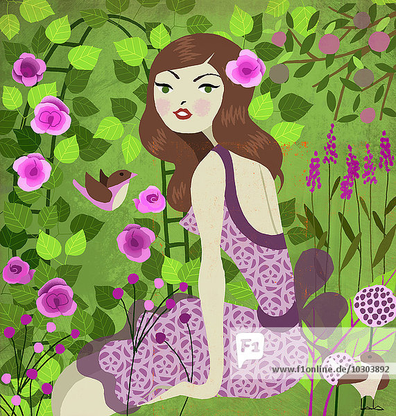 Junge Frau sitzt in üppigem Garten mit Blumen und Vögeln als Jungfrau-Sternzeichen