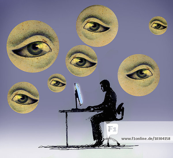 Geschäftsmann arbeitet am Computer umgeben von starrenden Augen