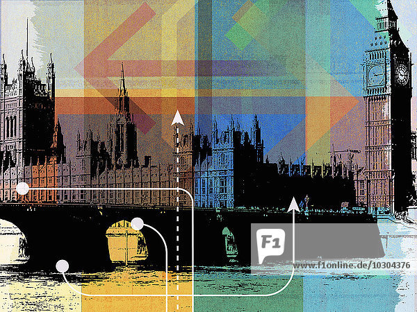 Pfeile in verschiedenen Richtungen über dem Houses of Parliament  Westminster  London  England