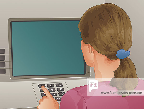 Frau benutzt Tastatur an einem Geldautomaten