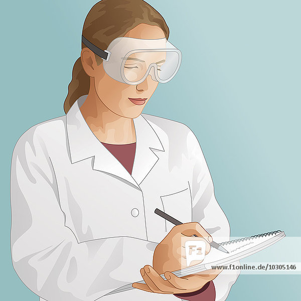 Wissenschaftliche Laborantin trägt eine Sicherheitsbrille und macht Notizen