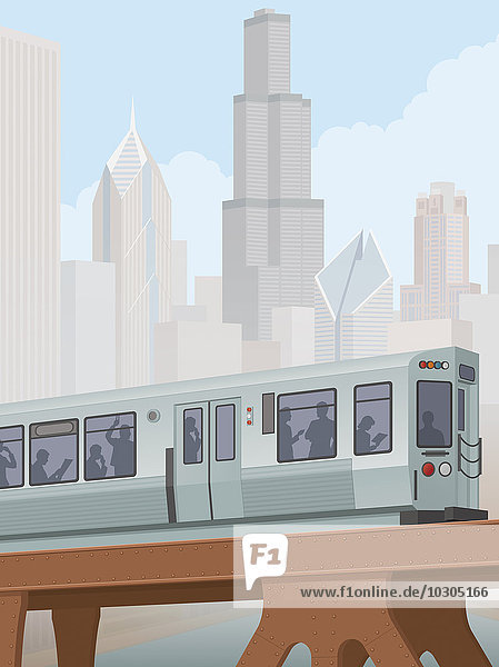 Pendler im Zug auf Hochgleis im Zentrum von Chicago