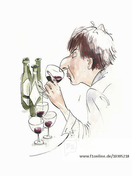 Hochmütiger Mann mit langer Nase testet Wein