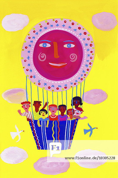 Glückliche Kinder in lächelndem Heißluftballon