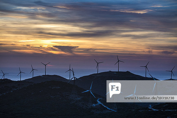 Spanien  Andalusien  Tarifa  Windpark im Abendlicht