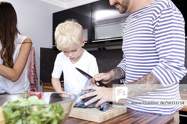 Man chopping red cabbage in the kitchen while his son watching