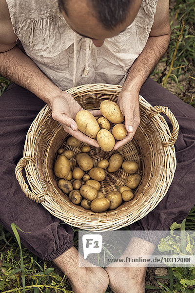 Drei Personen sitzen auf dem Feld mit Kartoffeln im Weidenkorb