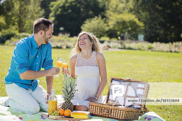 Happy couple having a picnic in park  pregnant woman