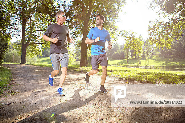 Zwei Männer joggen zusammen in einem Park.