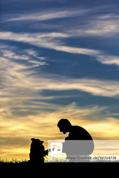 Deutschland  Mann mit Hund  Silhouetten bei Sonnenuntergang