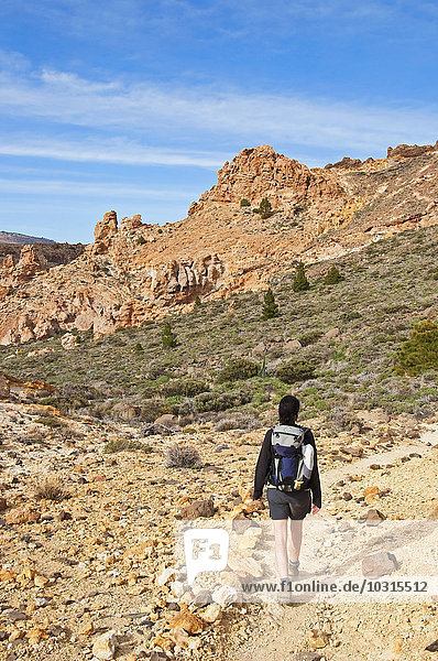 Spain  Canary Islands  Tenerife  Roques de Garcia  Teide National Park  Female hiker in the Caldera de las Canadas