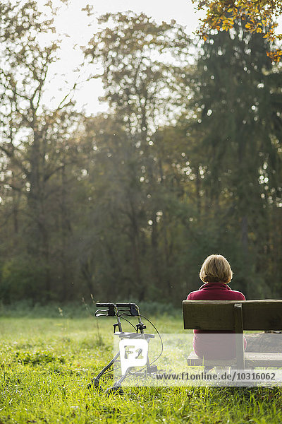 Senior woman with wheeled walker sitting on a park bench  back view