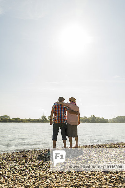 Deutschland  Ludwigshafen  Rückansicht des Seniorenpaares mit Arm in Arm am Flussufer