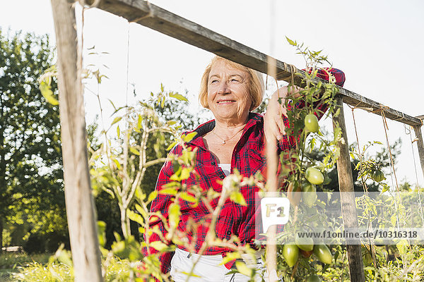 Lächelnde Seniorin im Garten