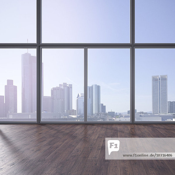 Leerer Raum mit Holzboden und Blick auf die Skyline 3D-Rendering