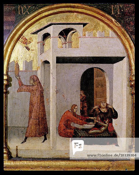 Der heilige Ludwig von Toulouse (1274-97)  der am Bett eines kranken Kindes erscheint  Predella-Tafel aus dem Altar des heiligen Ludwig von Toulouse  1317 (Tempera auf Tafel)