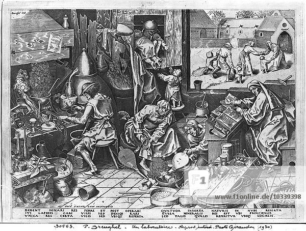 Der Alchemist bei der Arbeit  gestochen von Hieronymus Cock (ca. 1510-70) (Stich) (s/w-Foto)