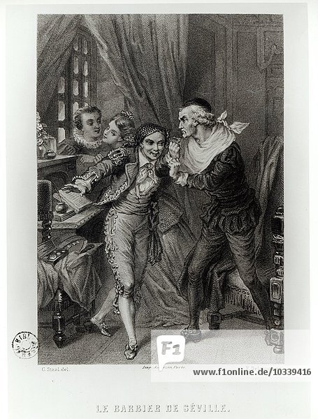 Figaro  Illustration aus Akt III Szene 12 von Der Barbier von Sevilla von Pierre Augustin Caron de Beaumarchais (1732-99) gestochen von Ferdinand Delanoy (fl.1850) 1874 (Stich) (s/w Foto)
