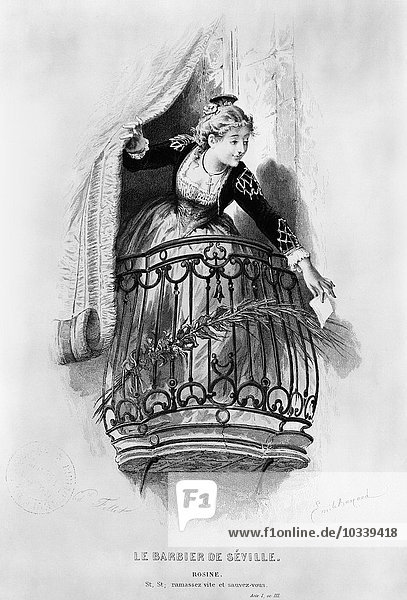 Rosine  Illustration aus Akt I Szene 3 von Der Barbier von Sevilla von Pierre Augustin Caron de Beaumarchais (1732-99)  gestochen von Fillet 1876 (Stich) (s/w Foto)