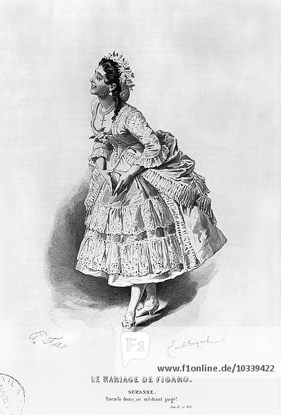 Suzanne  Illustration aus Akt II Szene 17 von Die Hochzeit des Figaro von Pierre Augustin Caron de Beaumarchais (1732-99)  gestochen von Edouard Follet (19. Jahrhundert) (Stich) (s/w Foto)