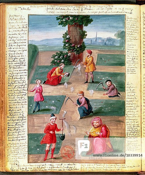 Ms Fr. 14765 f.42-43 Französische Alchemisten auf der Suche nach materiellem Gold  angeblich geschrieben von Nicolas Flamel (ca. 1330-1418) (Pergament)