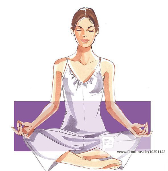 Frau in weißer Sportkleidung übt Yoga auf weißem fliederfarbenem Hintergrund
