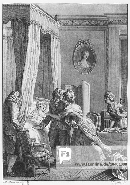 Der Besuch des Arztes von Boson  Illustration aus La Nouvelle Heloise von Jean-Jacques Rousseau (1712-78)  gestochen von Noel Le Mire (1724-1800) (Stich) (s/w Foto)