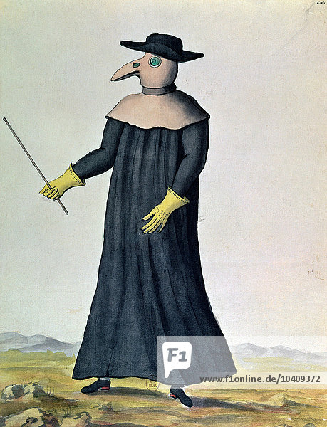 Französische Schule  (18. Jahrhundert)  Kostüm zum Schutz der Ärzte vor der Pest  1720 (w/k auf Papier)