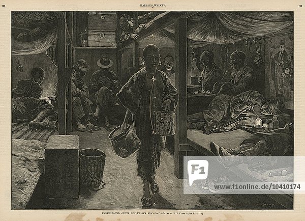 Farny  Henry Francois (1847-1916) Underground opium den in San Francisco  illustration from Harpers Weekly  13th October 1888 (see also 382411) (b/w engraving)