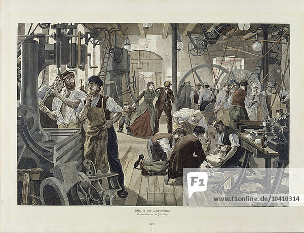 Bahr  Johann (geb. 1859) Unfall in einer Maschinenfabrik  1889 (Farblitho)