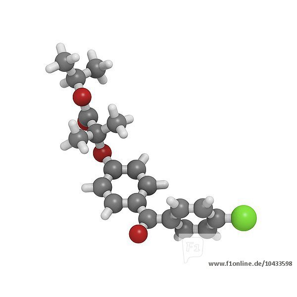 Fenofibrat ist ein Molekül des Cholesterinmedikaments. Dieses Medikament senkt den Gehalt an Low-Density-Lipoprotein (LDL  schlechtes Cholesterin) und erhöht den Gehalt an High-Density-Lipoprotein (HDL  gutes Cholesterin). Die Atome sind als Kugeln dargestellt und farblich kodiert: Wasserstoff (weiß)  Kohlenstoff (grau)  Sauerstoff (rot) und Chlor (grün). Fenofibrat Cholesterinmolekül
