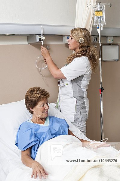 MODELL FREIGEGEBEN. Krankenschwester bereitet eine Nasenkanüle für die Verabreichung von Sauerstoff an einen Patienten vor Krankenschwester bereitet Nasenkanüle für Patienten vor