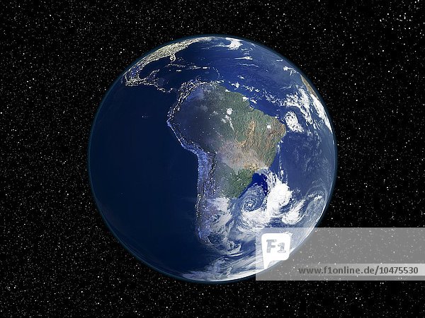 South America  night-day satellite image. This composite image of the Earth is set against a background of stars  and is centred on South America. North is at top. The left-hand half of the globe is at night  and city lights (yellow) show areas of dense population. The right-hand half of the globe is lit by sunlight and shows clouds (white)  seas and oceans (blue)  and land cover: vegetation (green) and arid areas (brown). This day-night line is the dawn terminator. This image  from 2001  combines data from a variety of satellite sensors (AVHRR  SeaWiFS  MODIS) for the sunlit areas. Night-time data is from the Defense Meteorological Satellite Program (DMSP). For the separate images  see E074/086 and E050/684. South America  night-day satellite image